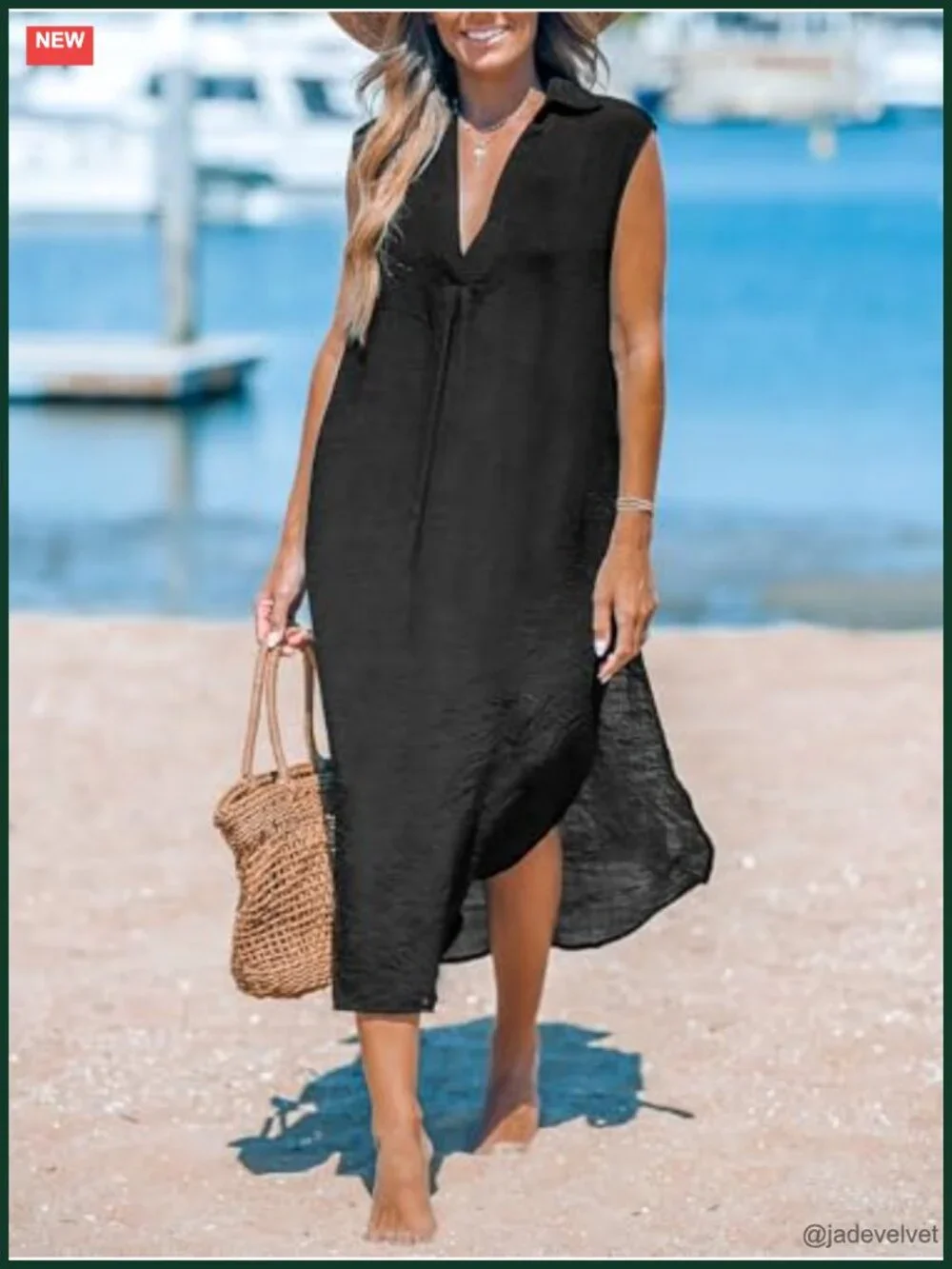Sleeveless V Neck Midi Beach Dress with Side Split